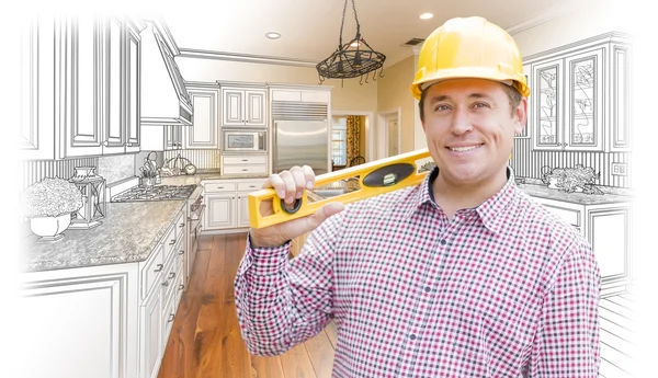 Contractor in Hard Hat Over Custom Kitchen Drawing and Photo — Stock Photo, Image