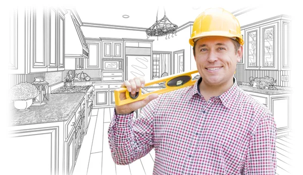 Contractor in Hard Hat with Level Over Custom Kitchen Drawing — Stock Photo, Image