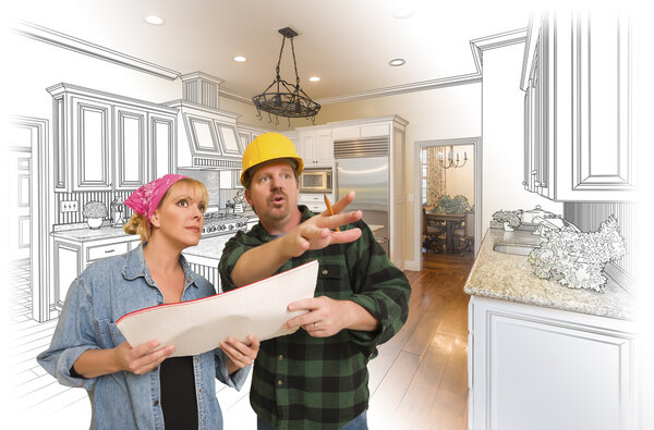 Contractor Talking with Customer Over Kitchen Drawing and Photo 
