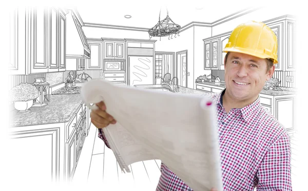 Contractor Holding Blueprints Over Custom Kitchen Drawing — Stock Photo, Image