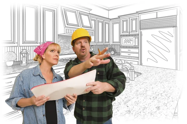 Contractor Talking with Customer Over Kitchen Drawing — Stock fotografie