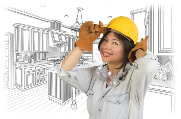 Hispanic Woman in Hard Hat with Kitchen Drawing Behind — Stock Photo, Image