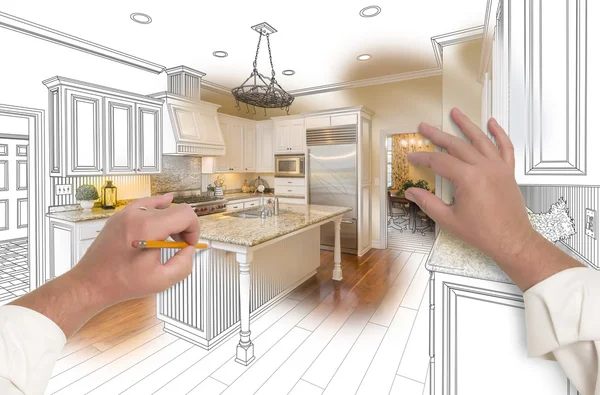 Male Hands Sketching Custom Kitchen with Photo Showing Through — Stock Photo, Image