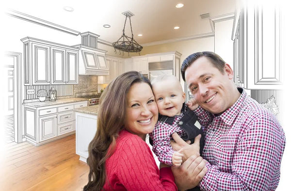 Young Family Over Custom Kitchen Design Drawing and Photo Combin — Stock Photo, Image