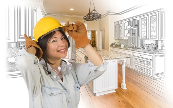 Hispanic Woman in Hard Hat with Kitchen Drawing and Photo — Stock Photo, Image