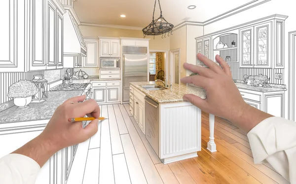 Male Hands Sketching Custom Kitchen with Photo Showing Through — Stok Foto