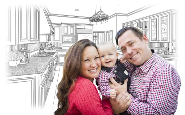 Young Family Over Custom Kitchen and Design Drawing — Stock Photo, Image