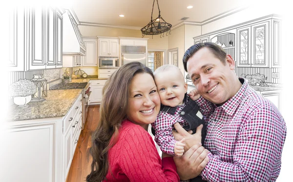 Young Family Over Custom Kitchen Design Drawing and Photo Combin — Stock Photo, Image