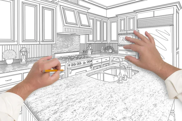 Mannelijke handen schetsen van prachtige aangepaste keuken — Stockfoto