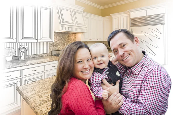 Young Family Over Custom Kitchen Design Drawing and Photo Combin — Stock Photo, Image
