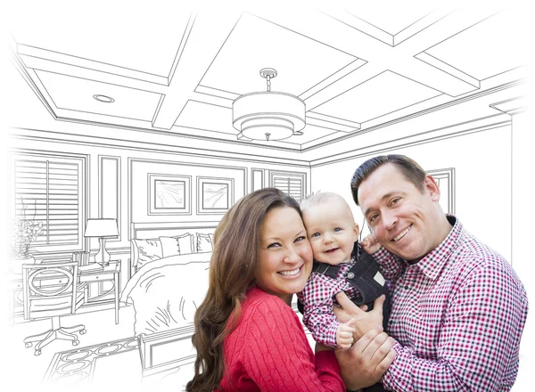 Jong gezin met Baby Over slaapkamer tekening — Stockfoto