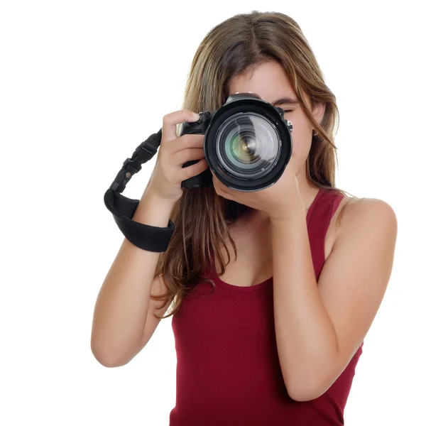 Adolescente tomando fotografías con una cámara profesional — Foto de Stock