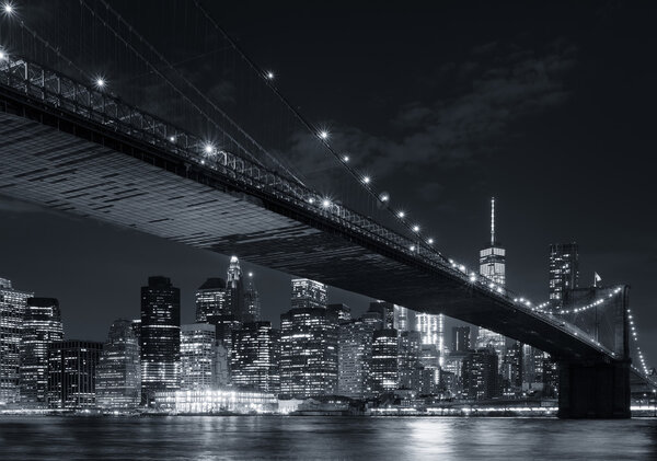 The downtown Mahnattan skyline and the Brooklyn Bridge illuminated at night