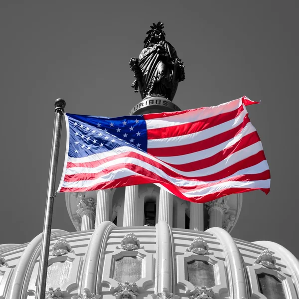 Amerikanska flaggan vågorna i fron av Capitol byggnaden i Washi — Stockfoto