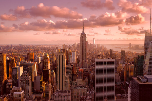 Panoramic aerial view of a sunset in New York City