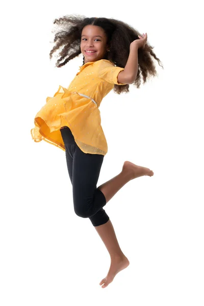 Multiracial Small Girl Jumping Laughing Isolated White Background — Stock Photo, Image