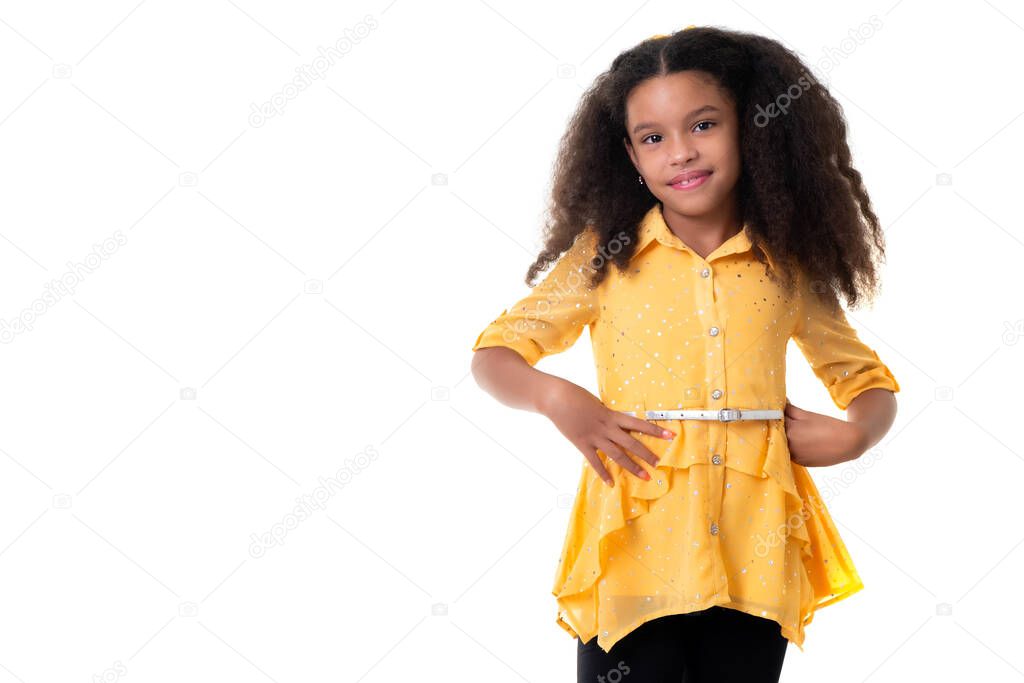 Portrait of a trendy multiracial small girl isolated on a white background