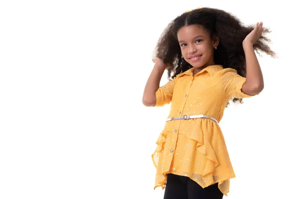 Cute Multiracial Small Girl Showing Her Beautiful Curly Hair Isolated — Stock Photo, Image