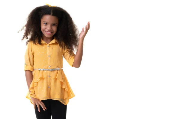 Cute Multiracial Small Girl Beautiful Curly Hair Isolated White Background — Stock Photo, Image