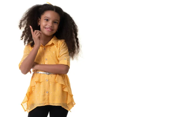 Cute Multiracial Small Girl Beautiful Curly Hair Isolated White Background — Stock Photo, Image