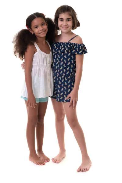Two Friendly Small Girls Friends Sisters Hispanic African American Isolated — Stock Photo, Image