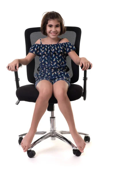 Cute Hispanic Girl Sitting Office Chair Isolated White Background — Stock Photo, Image