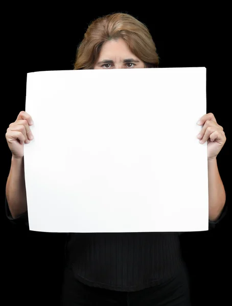 Woman hiding behind a banner — Stock Photo, Image