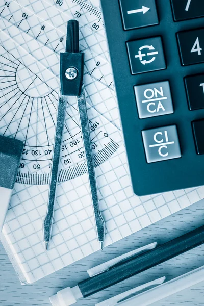 School supplies math and science toned in blue — Stock Photo, Image