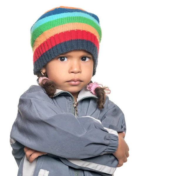 Angry little multiracial girl isolated on white — Stock Photo, Image