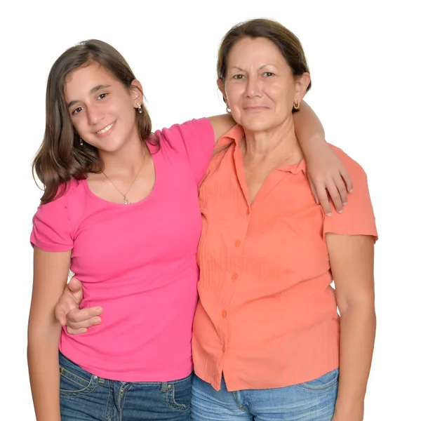 西班牙裔美国人十几岁的女孩和她的祖母上白色孤立 — 图库照片