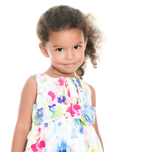 Small hispanic girl wearing a flowers summer dress — 스톡 사진