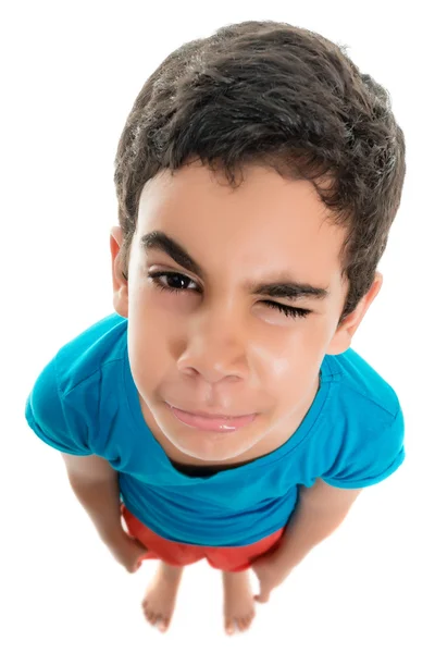 Piccolo ragazzo con un viso triste isolato su bianco — Foto Stock