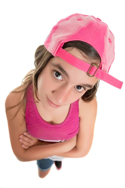 Muchacha adolescente divertida con una gorra de béisbol, retrato de ojo de pez aislado en blanco — Foto de Stock