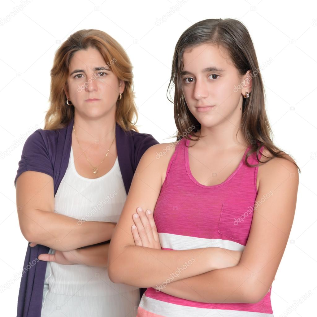 Teenage girl and her sad mother angry at each other