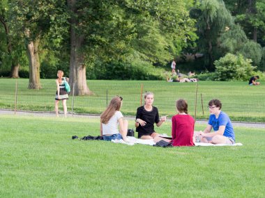 Genç arkadaşlar Manh Central Park'ta büyük Lawn kamp