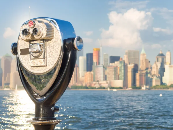 Observation deck with binoculars looking at the New York skyline Stock Image