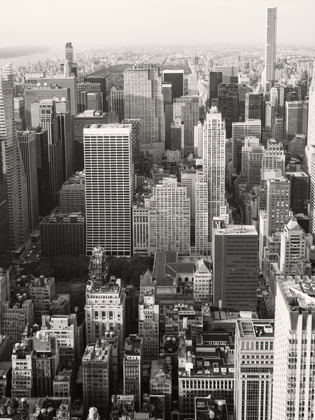 Black and white aerial view of New York City including the Rockefeller Center