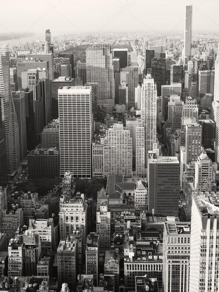 Black and white aerial view of New York City including the Rocke