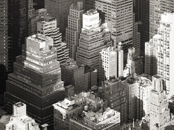 Black and white aerial view of the urban landscape of New York City
