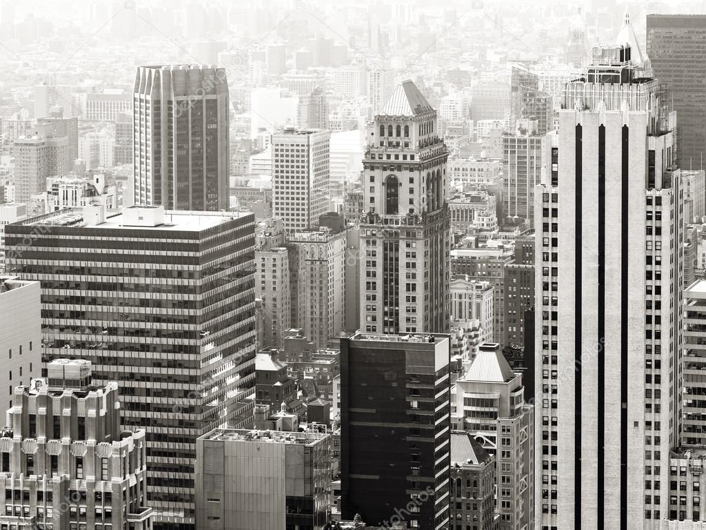 Black and white urban scene with skyscrapers in New York City