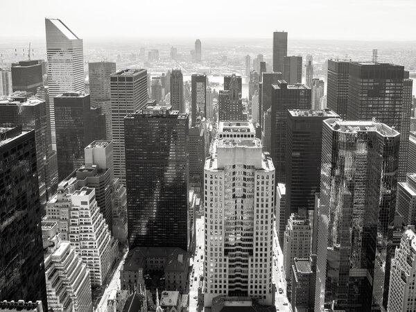 Black and white view of skyscrapers in New York City