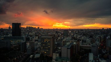 TOKYO - 4 Nisan 2014: Tokyo 'nun 4 Nisan 2014' te gün batımında havadan görünüşü.