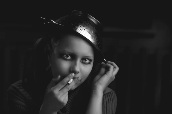 Doll teen girl smokes — Stock Photo, Image