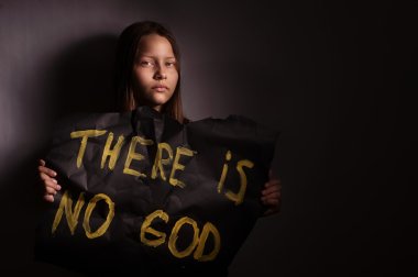 Atheist teen girl holding a banner with the inscription clipart