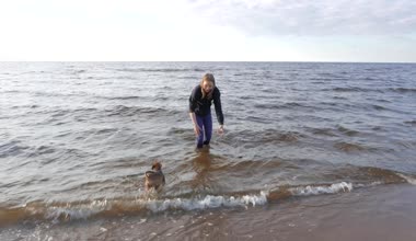 Seaside, küçük köpecik ile oynayan kız