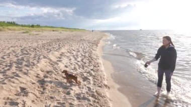 Seaside, küçük köpecik ile oynayan kız