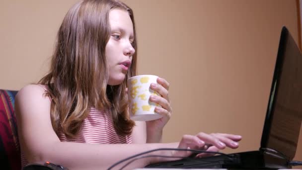 女孩坐在一台笔记本电脑和喝饮料 — 图库视频影像