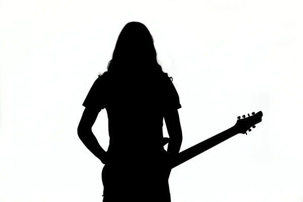 Silhueta de um jovem ou menina tocando guitarra como logotipo. Isolado sobre fundo branco — Fotografia de Stock