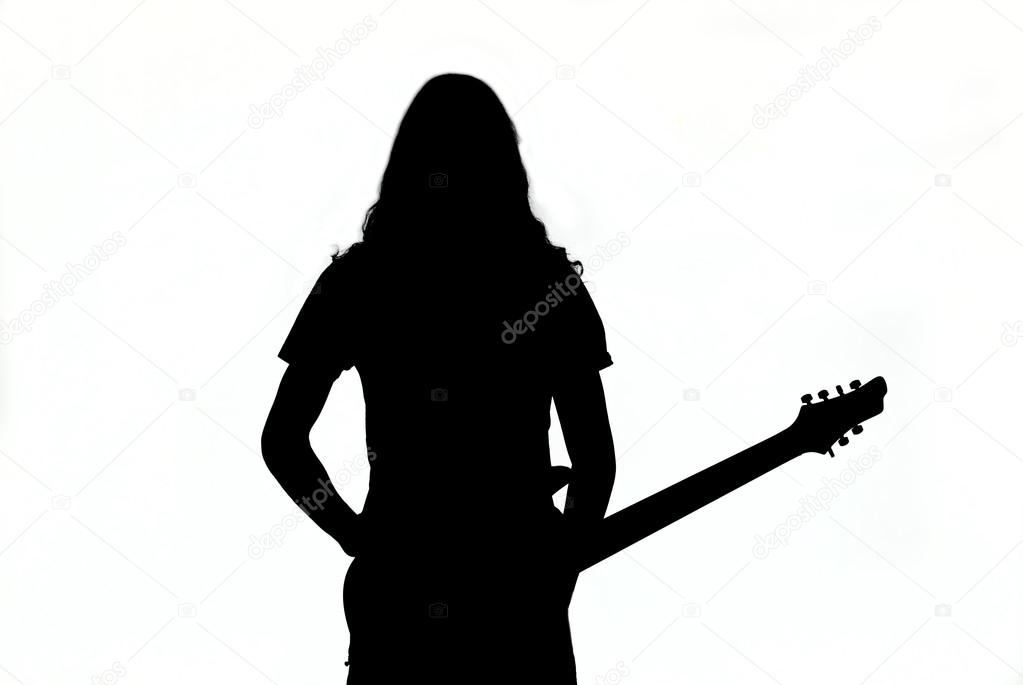 Silhouette of a young man or girl playing guitar as logo. Isolated photo on white background