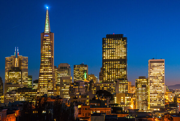 Downtown San Francisco at twilight, California, USA.